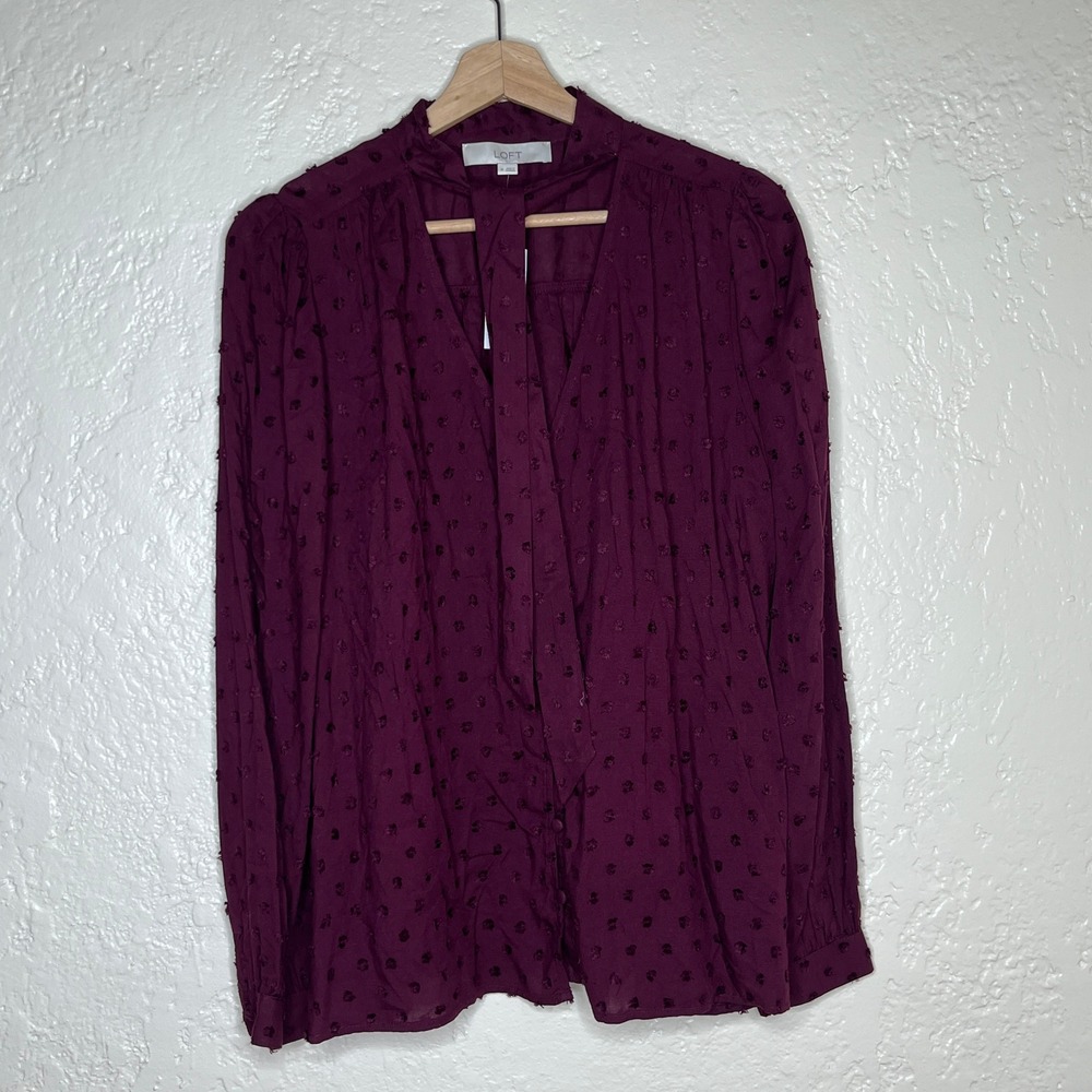 LOFT Burgundy Clip Dot Tie Neck Long Sleeve Blouse Top Wine Red Size M NWT